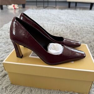 Michael Kors Patent Pointed-Toe Mid Heel Pumps in Burgundy